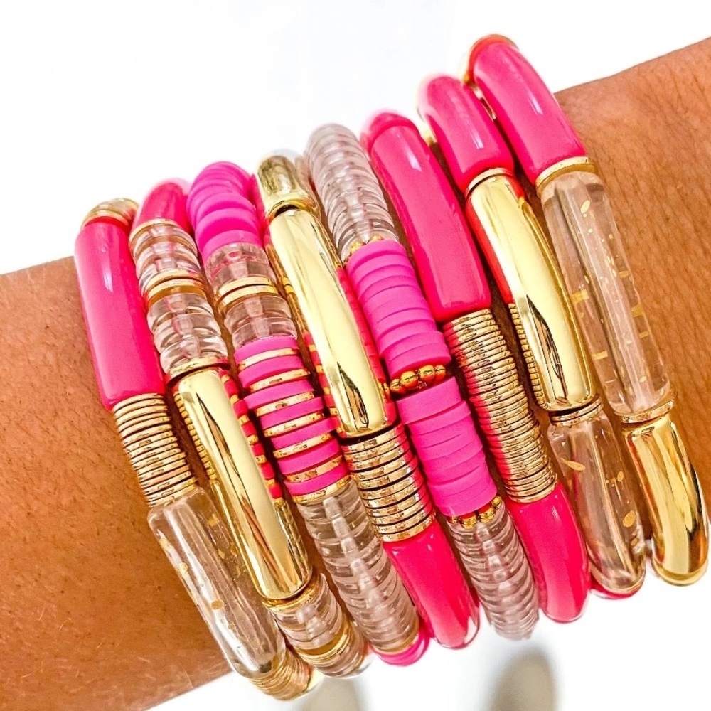 Small Hot Pink Acrylic Tube Bamboo Bracelet